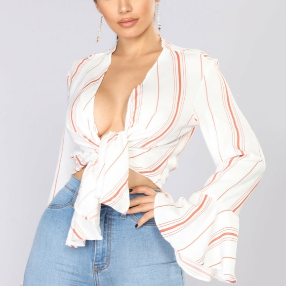 Fashion Nova Tops - NWOT Fashionnova Rust Stripe White Bell Sleeve Tie Front
